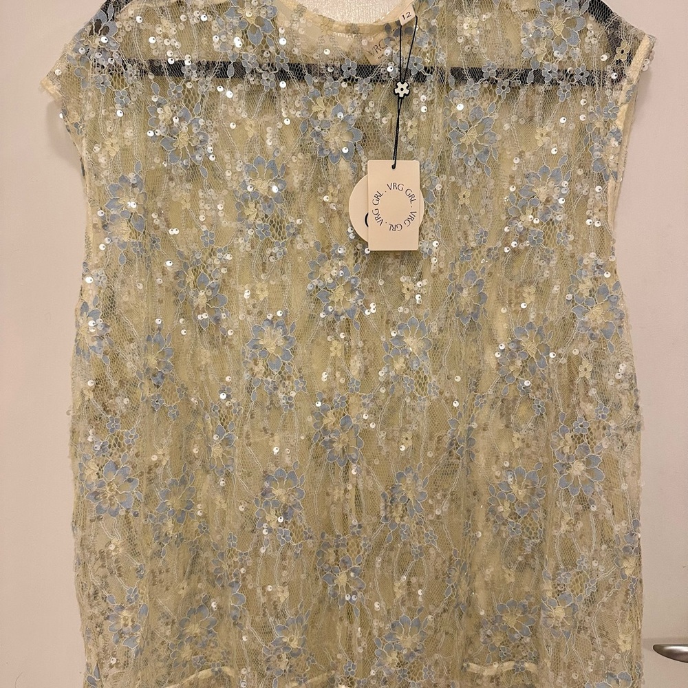VRG GRL Floral Lace Blouse - Cream and Blue